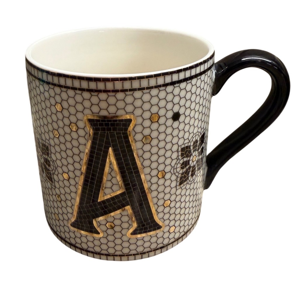 Anthropologie Tiled Margot Monogram A Mug Coffee Cup White Black Gold Size 14oz